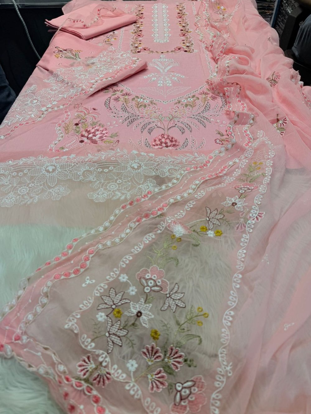Aneelas Pink 3 Piece Embroidered Lawn Suit With Bamber Chiffon Dupatta - Image 8