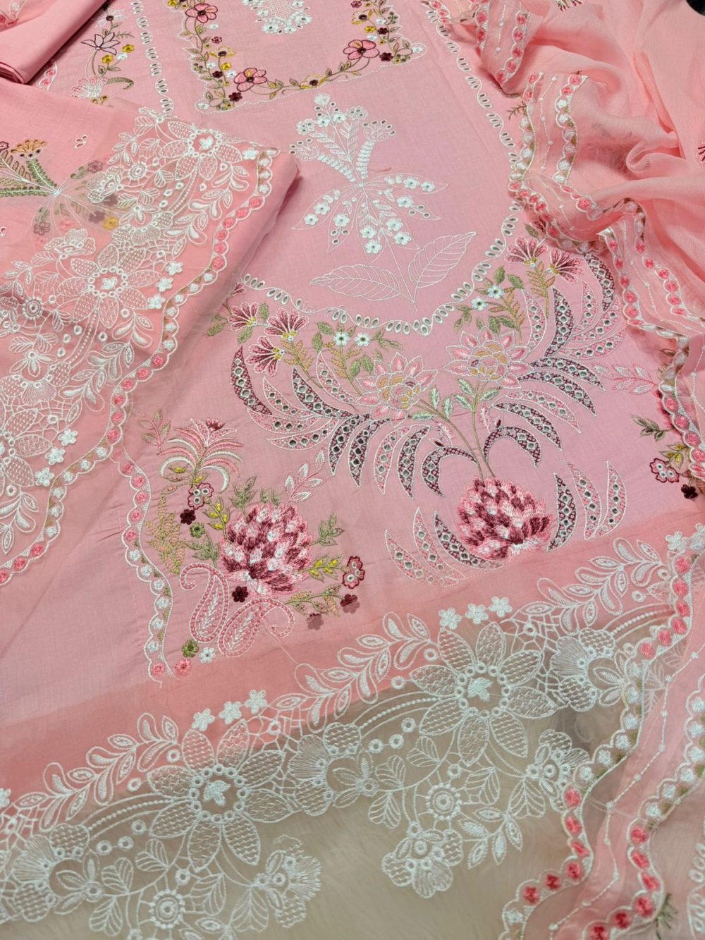 Aneelas Pink 3 Piece Embroidered Lawn Suit With Bamber Chiffon Dupatta - Image 7