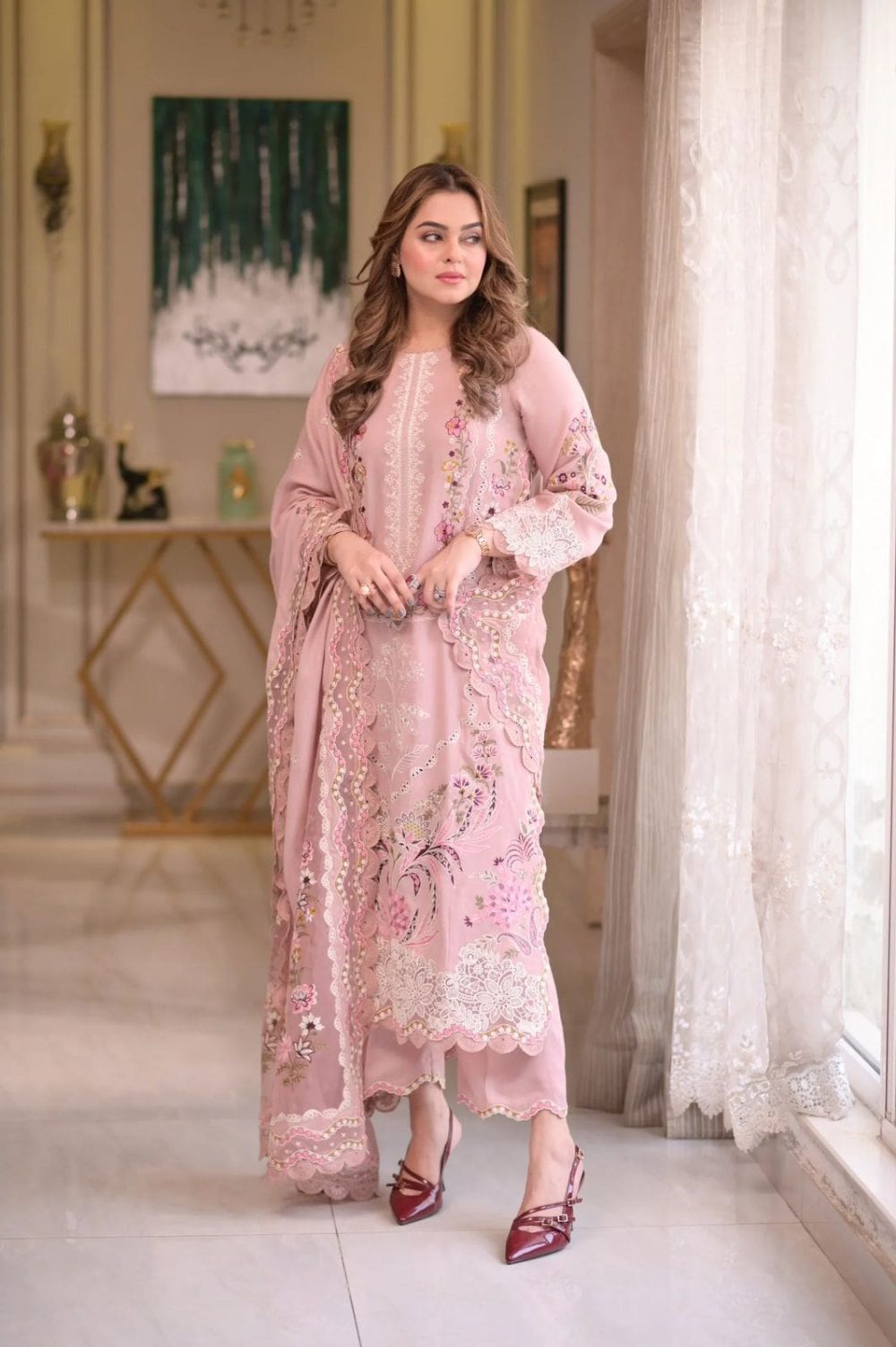 Aneelas Pink 3 Piece Embroidered Lawn Suit With Bamber Chiffon Dupatta - Image 3