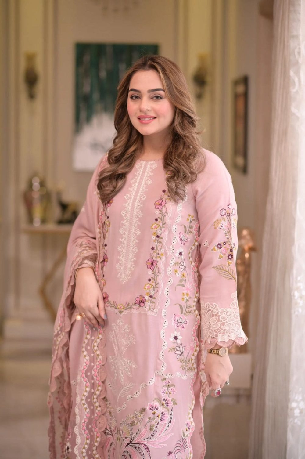 Aneelas Pink 3 Piece Embroidered Lawn Suit With Bamber Chiffon Dupatta - Image 2