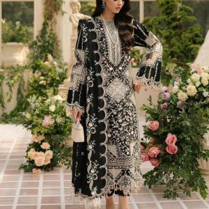 Bin Ilyas 3 Piece Black Embroidered Lawn Suit Bamber Dupatta