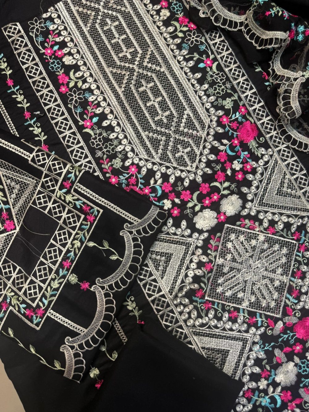 Bin Ilyas 3 Piece Black Embroidered Lawn Suit Bamber Dupatta - Image 2