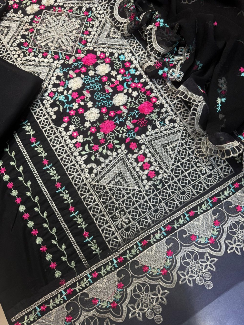 Bin Ilyas 3 Piece Black Embroidered Lawn Suit Bamber Dupatta - Image 3