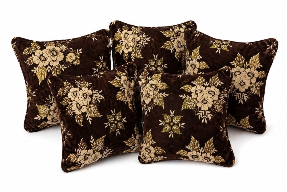 5 Pcs Brown Velvet Jacquard Cushion Covers Set With Zip Closure - Image 2