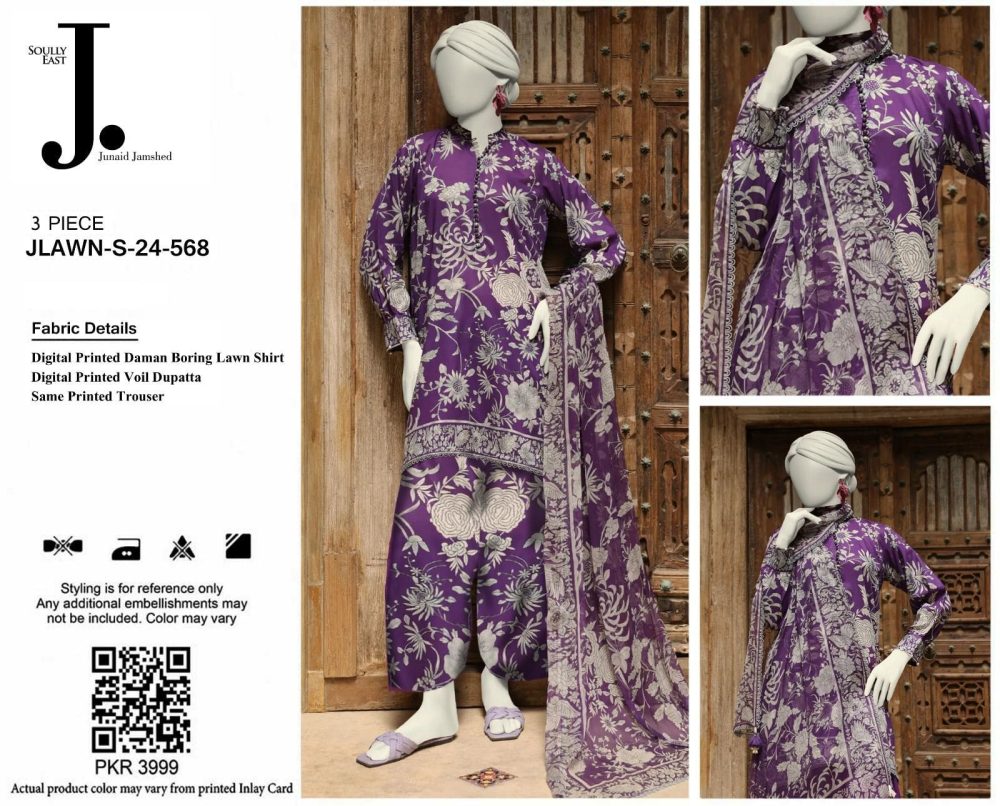 Junaid Jamshed Purple 3 Piece Chikankari Embroidered Lawn Suit - Image 2