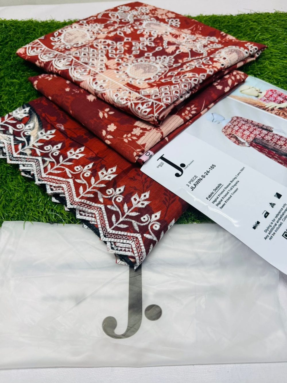 Junaid Jamshed Red 3 Piece Chikankari Embroidered Lawn Suit