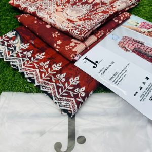 Junaid Jamshed Red 3 Piece Chikankari Embroidered Lawn Suit