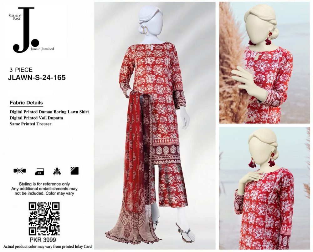 Junaid Jamshed Red 3 Piece Chikankari Embroidered Lawn Suit - Image 2