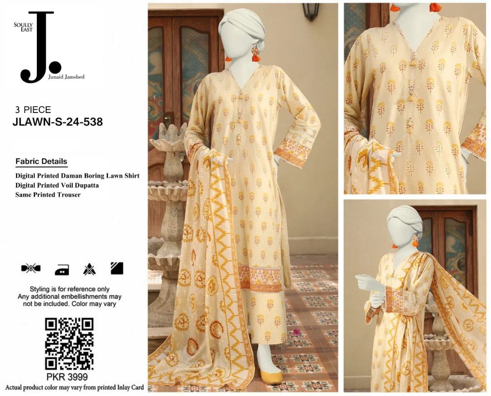 Junaid Jamshed Skin Yellow 3 Piece Chikankari Embroidered Lawn Suit - Image 2