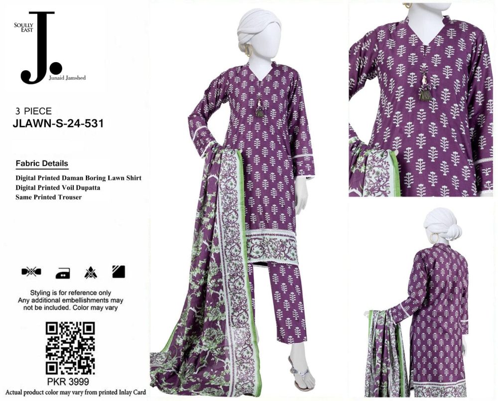 Junaid Jamshed S-531 Purple 3 Piece Chikankari Embroidered Lawn Suit - Image 2