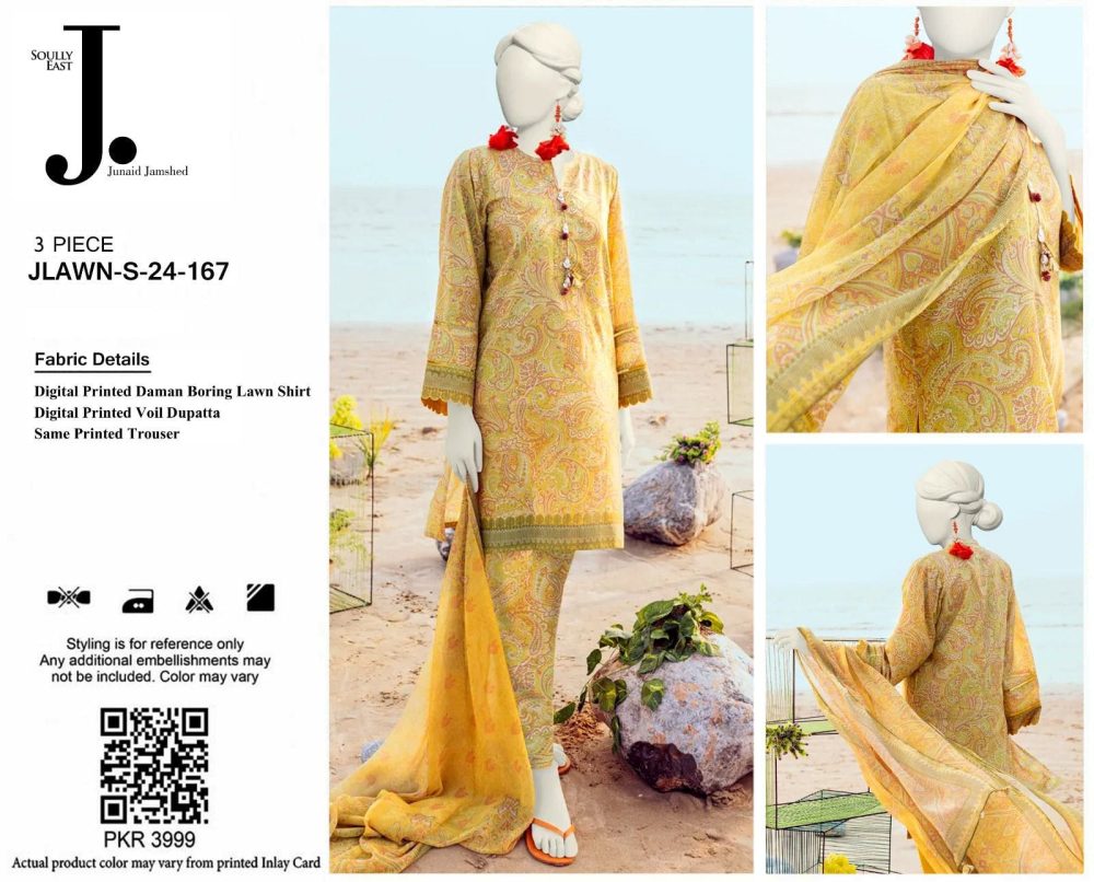 Junaid Jamshed Yellow 3 Piece Chikankari Embroidered Lawn Suit - Image 2