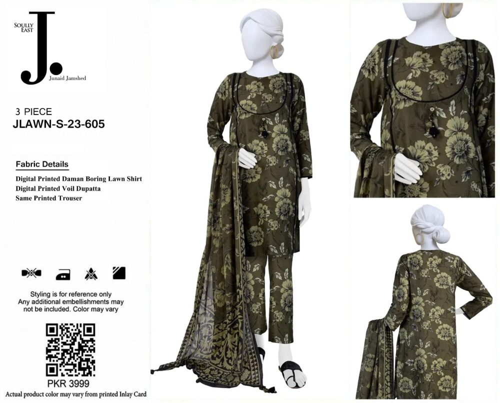 Junaid Jamshed Black 3 Piece Chikankari Embroidered Lawn Suit - Image 2