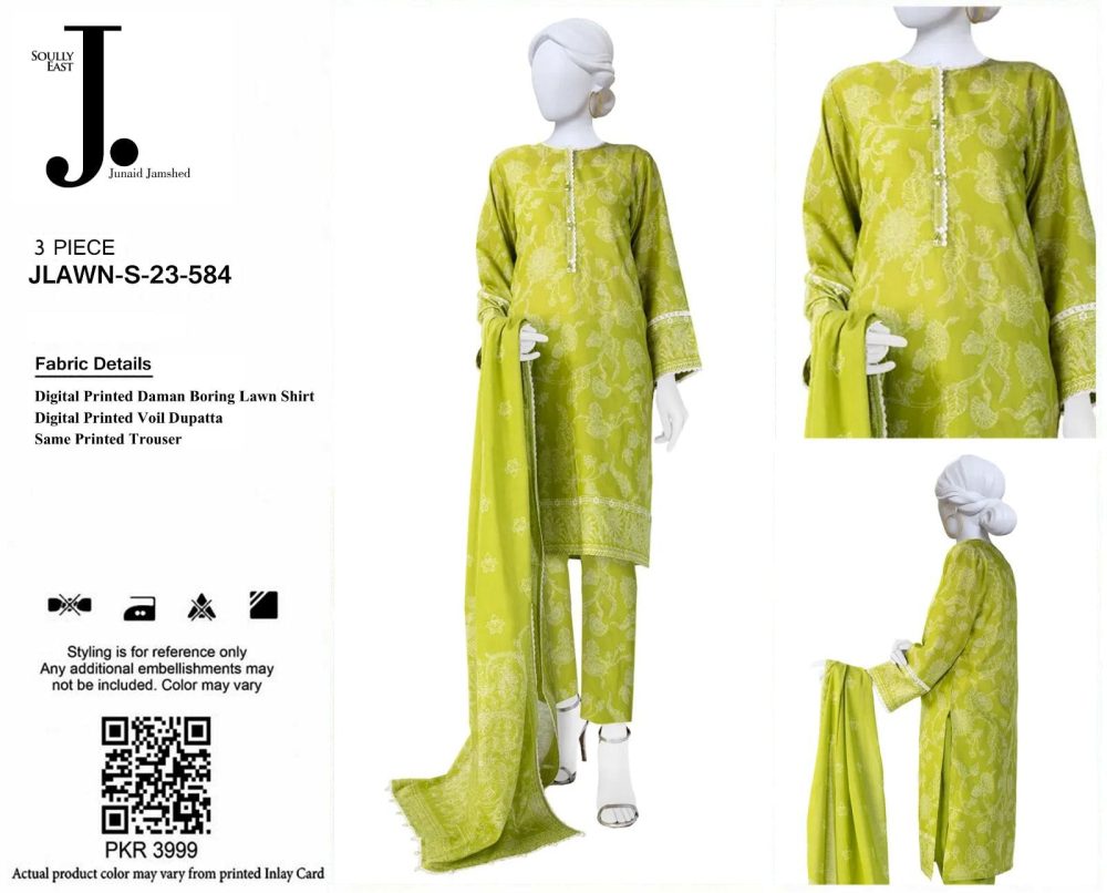 Junaid Jamshed Juicy Yellow Green Chikankari Lawn Suit 3Pc - Image 2