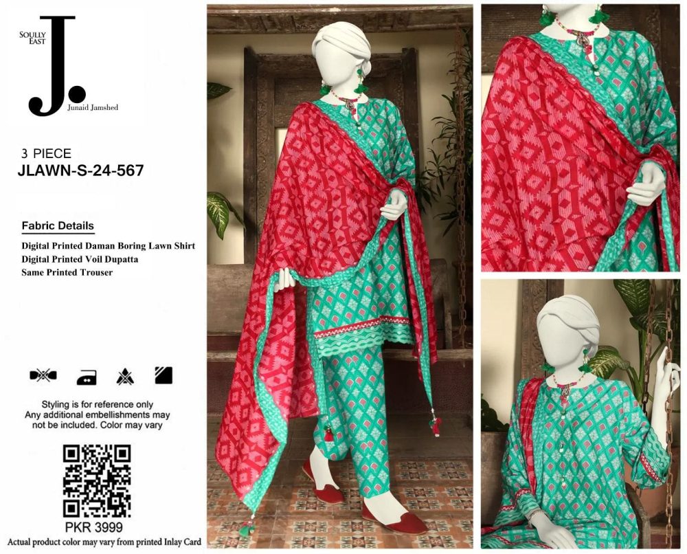 Junaid Jamshed Zink Red 3 Piece Chikankari Embroidered Lawn Suit - Image 2